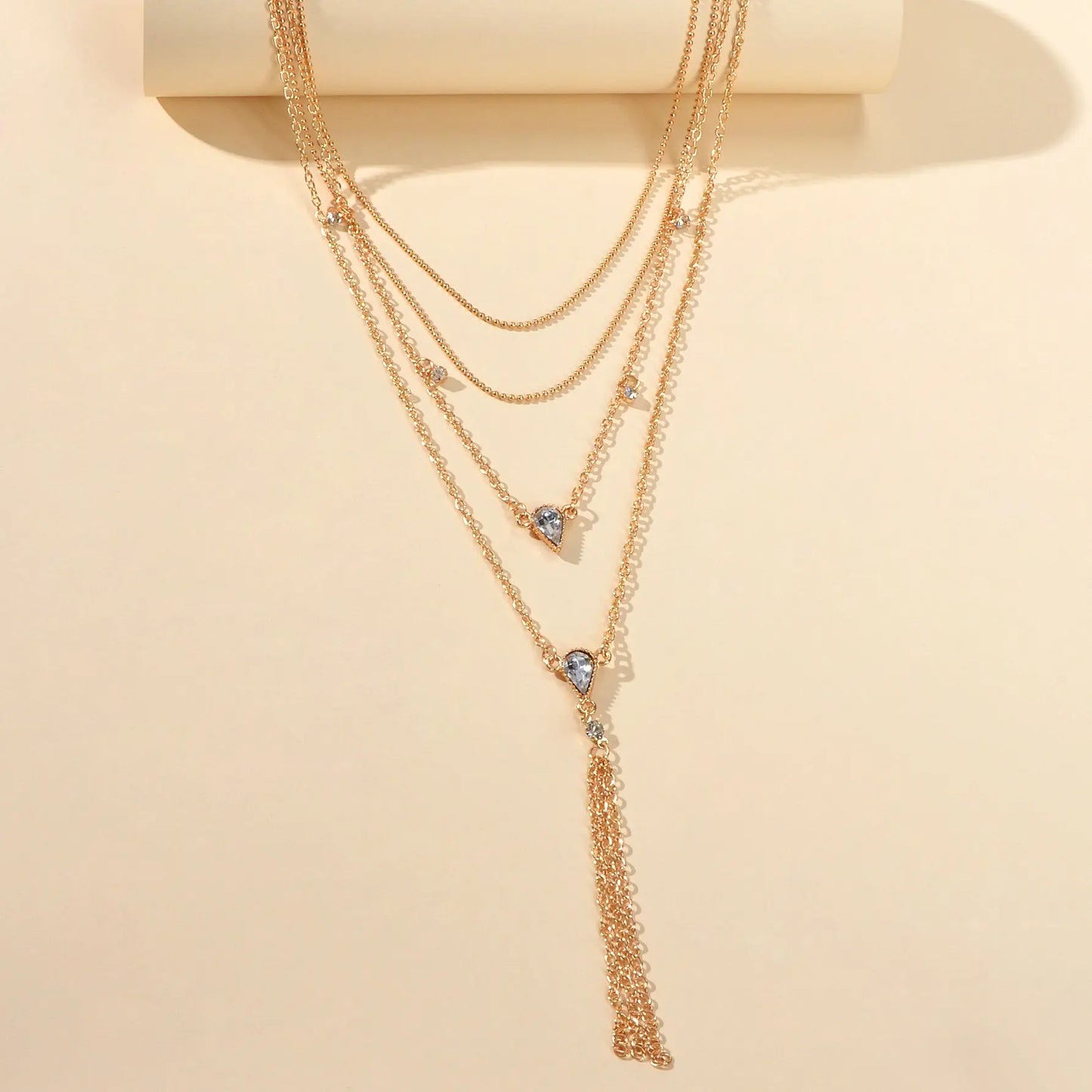 Statement Jewellery Rhinestone Multi-layer Gold Chain Tassel Pendant Necklace Feelontop Jewellery