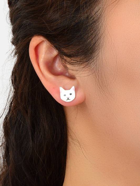 Funny White Enamel Cartoon Cat Stud Pierced Earrings Girls Animal Jewellery Gift Feelontop Jewellery