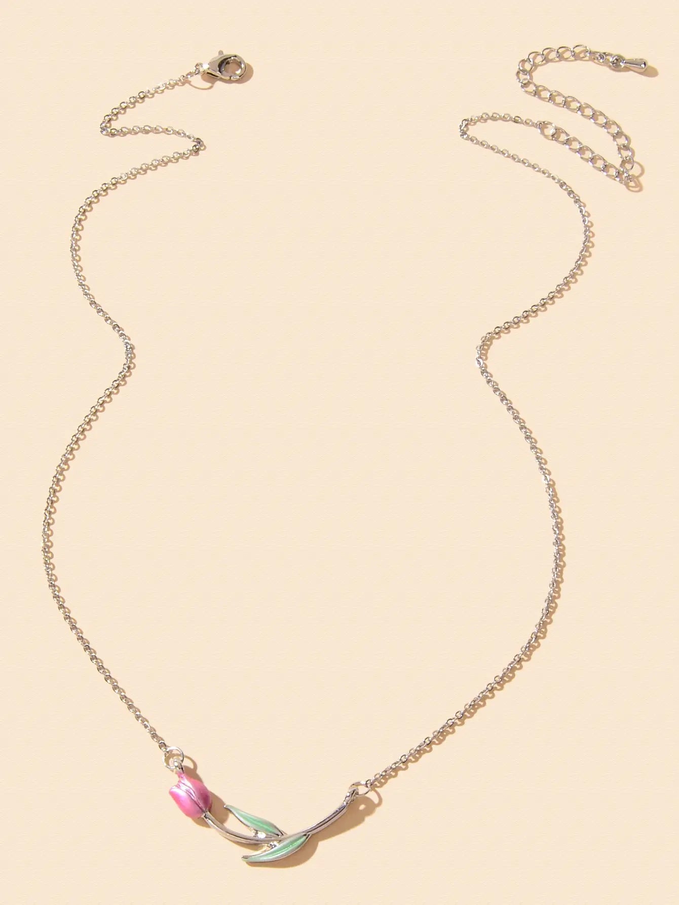 Elegant Silver Chain Green Leaf Pink Tulip Flower Pendant Anniversary Necklace Feelontop Jewellery
