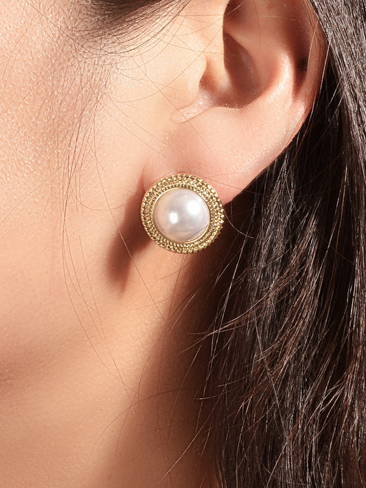 Retro Pearl Decoration Gold Plated Round Stud Wedding Engagement Female Earrings Feelontop Jewellery