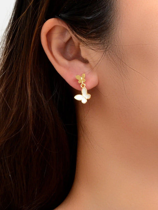 Delicate White Enamel Gold Plated Butterfly Charm Stud Earrings Girl Dainty Gift Feelontop Jewellery