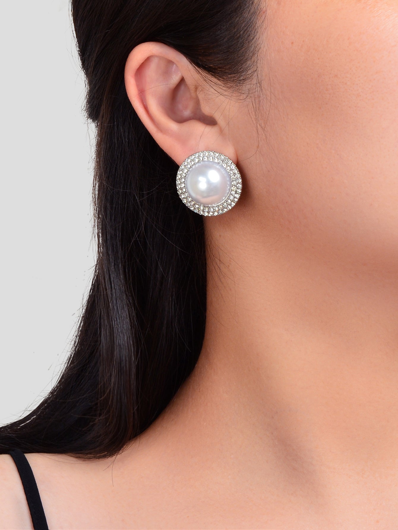 Luxurious Rhinestone Big Pearl Decor Round Stud Earrings Wedding Bridal Jewelry Feelontop Jewellery