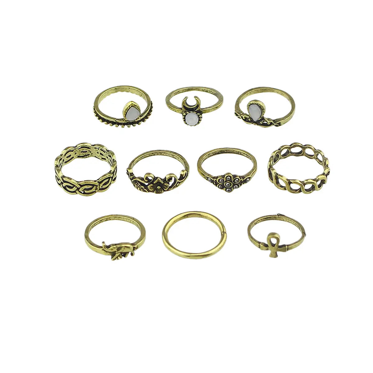 Stackable 10 pcs Tribal Ethnic Flower Elephant Vintage Multiple Finger Ring set Feelontop Jewellery
