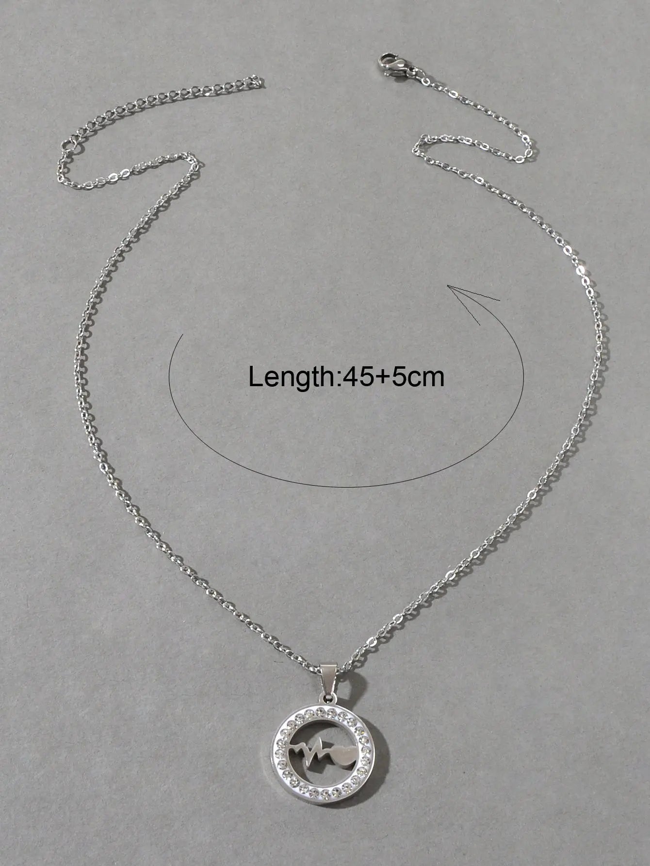 Silver Stainless Steel Rhinestone Decoration Circle Electrocardiogram Necklace Feelontop Jewellery