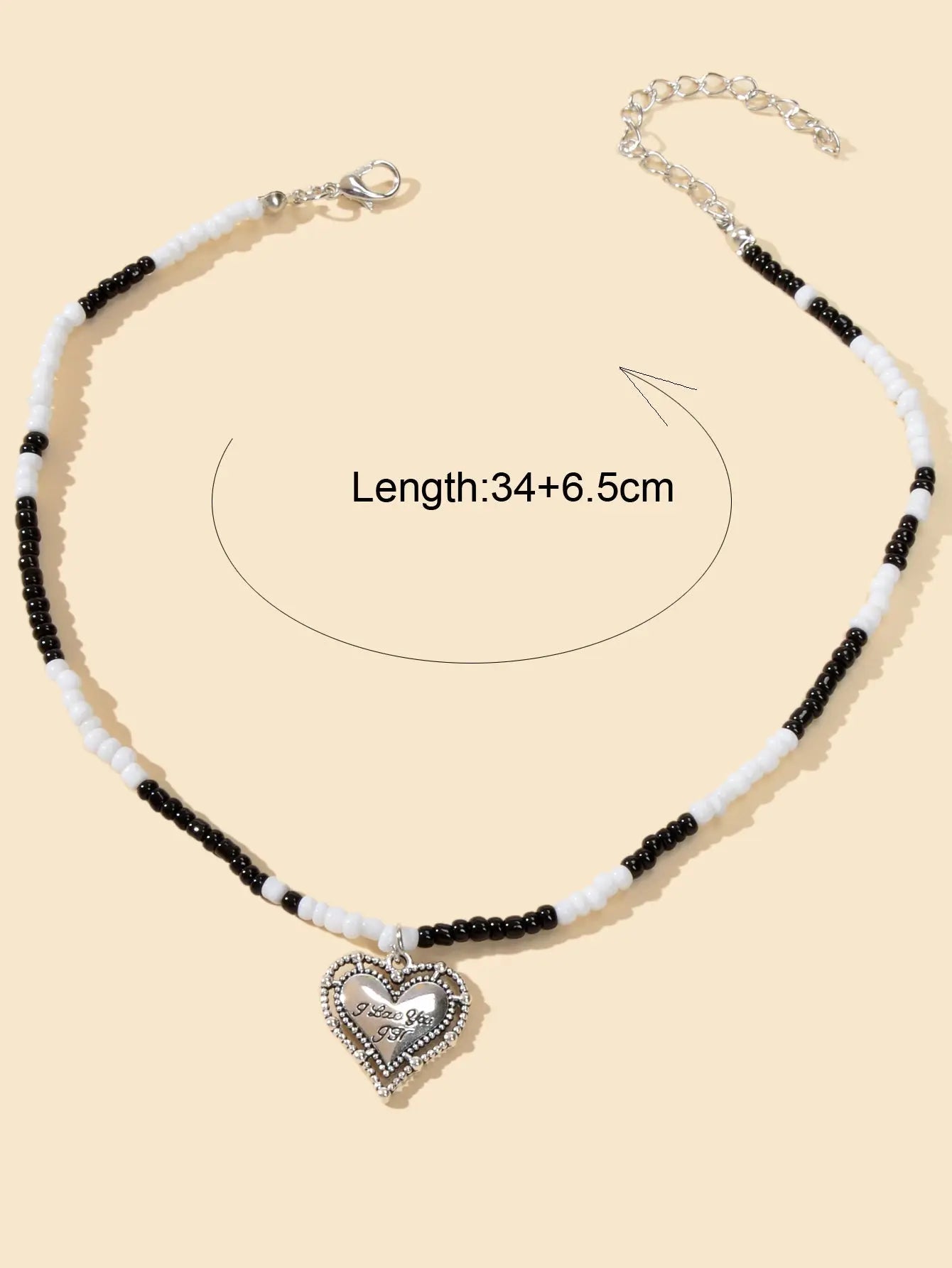 Handmade White Black Beads Chain Silver Letter Pattern Heart Charm Necklace Gift Feelontop Jewellery