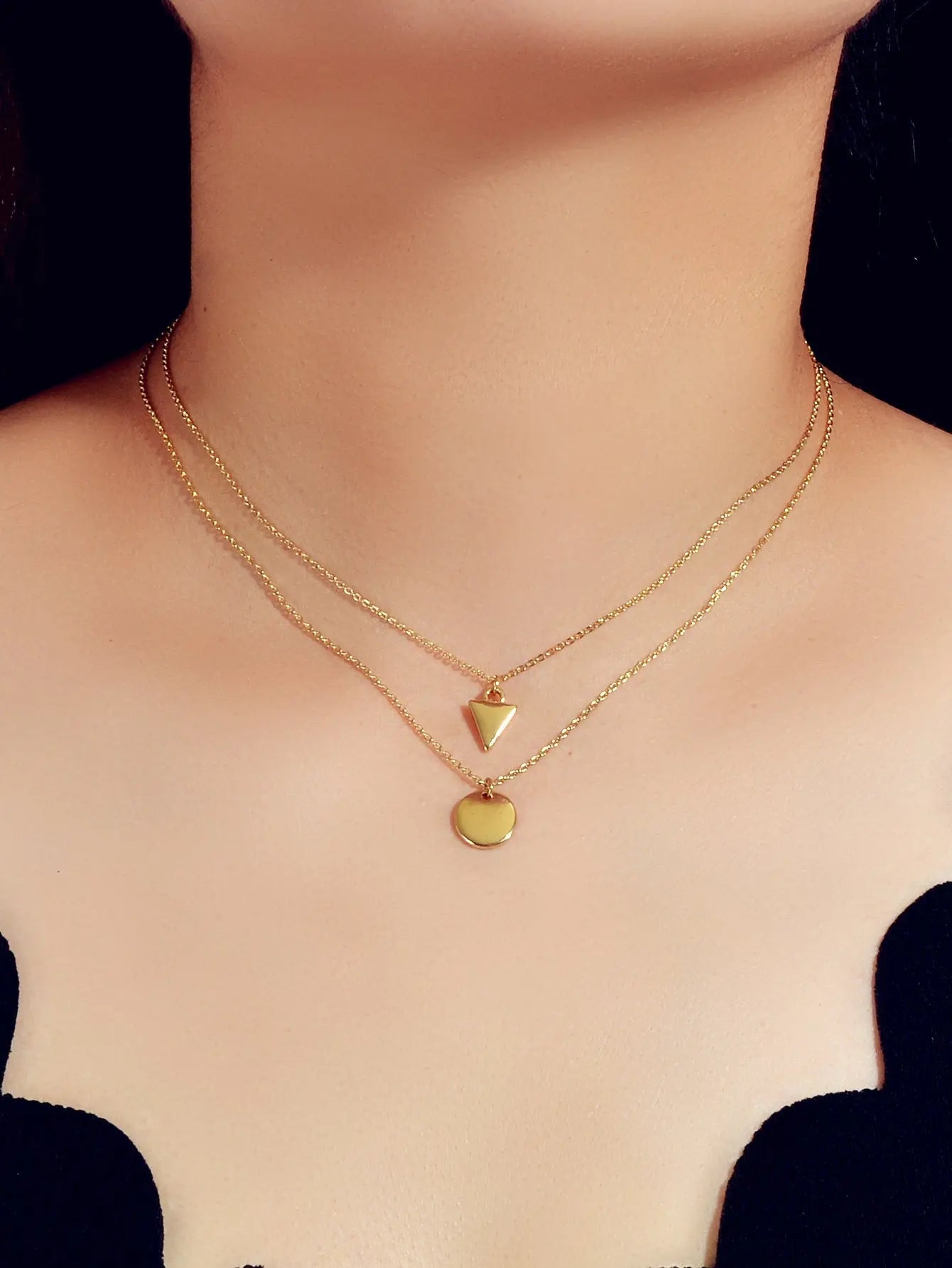 2pcs Minimalist Style Women Accessories Gold Chain Triangle Round Charm Necklace Feelontop Jewellery