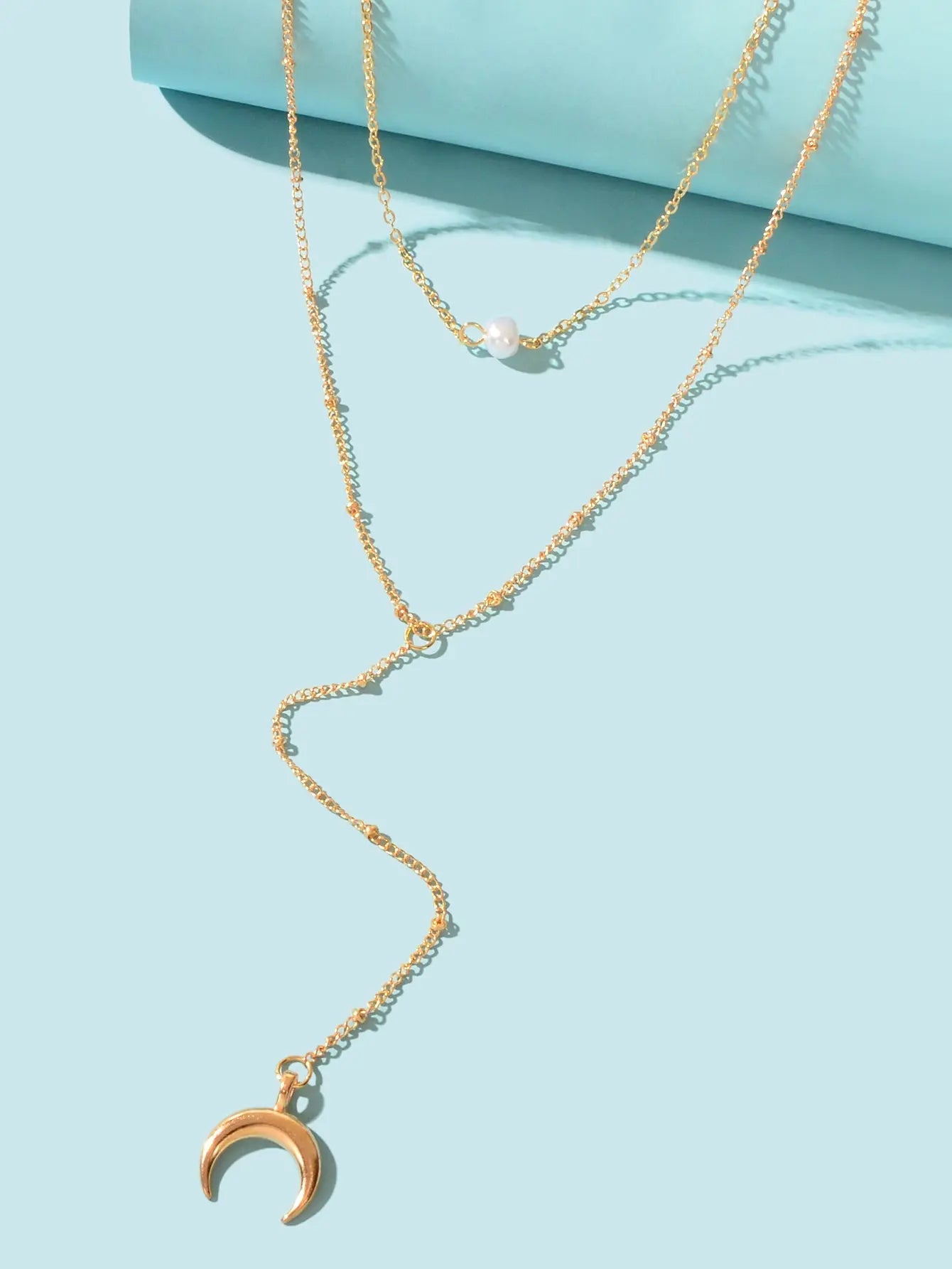 Fashion Jewellery Double layer Gold Chain Lariat Y Style Moon Pendant Necklace Feelontop Jewellery