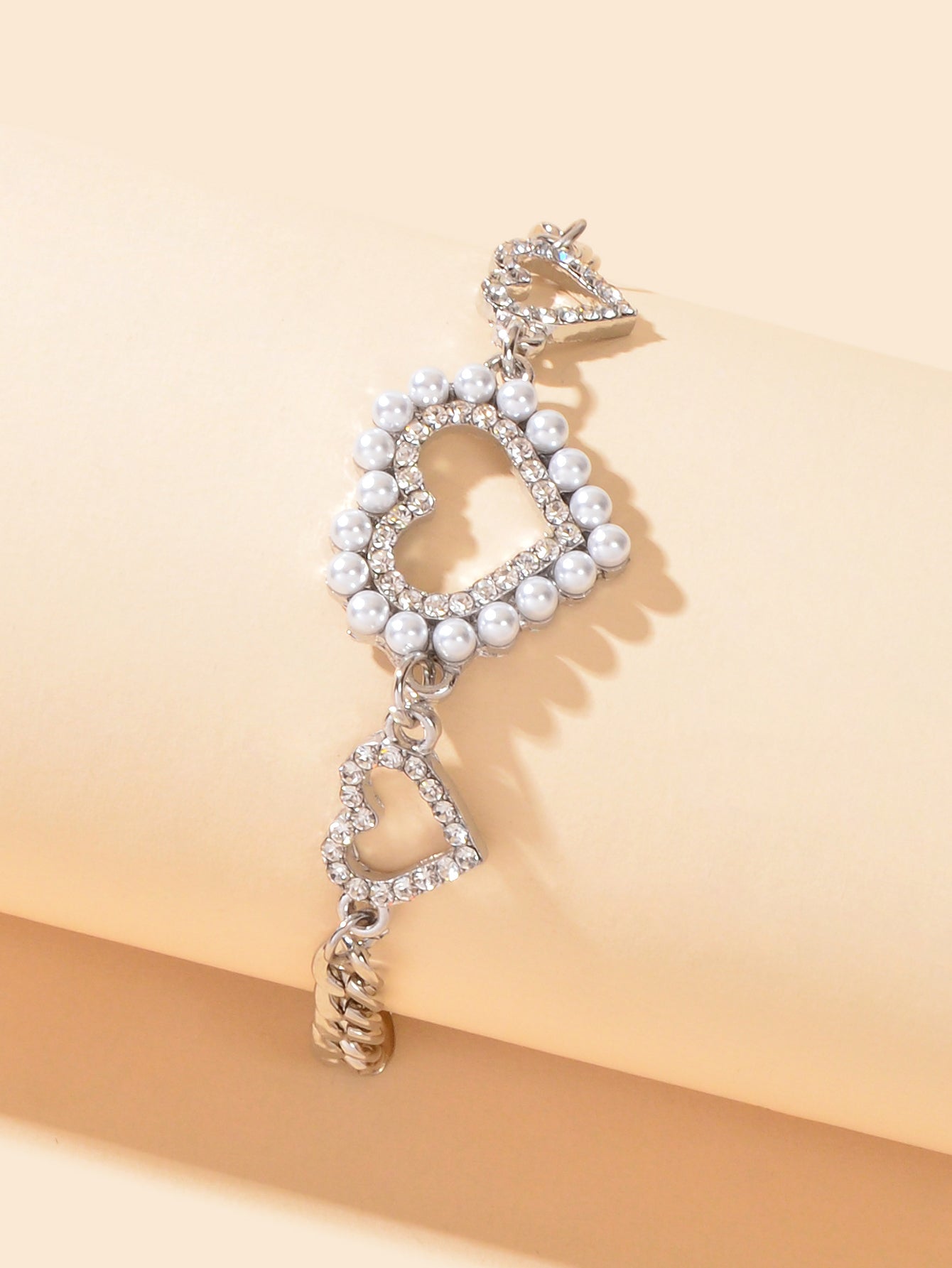 Luxurious Rhinestone Pearl Decor Heart Charm Silver Chain Bracelet for Wedding Feelontop Jewellery