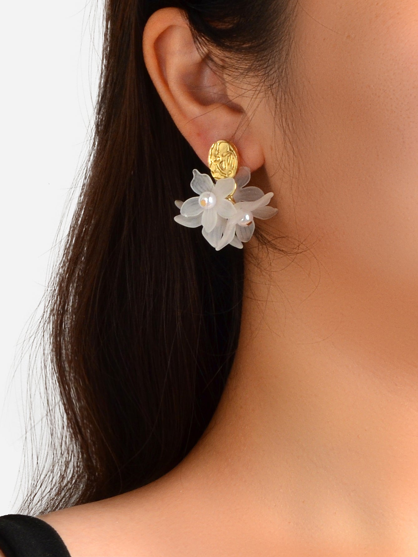 Boho Luxury White Resin Petal Drop Flower Exaggerated Floral Earrings for Women Feelontop Jewellery