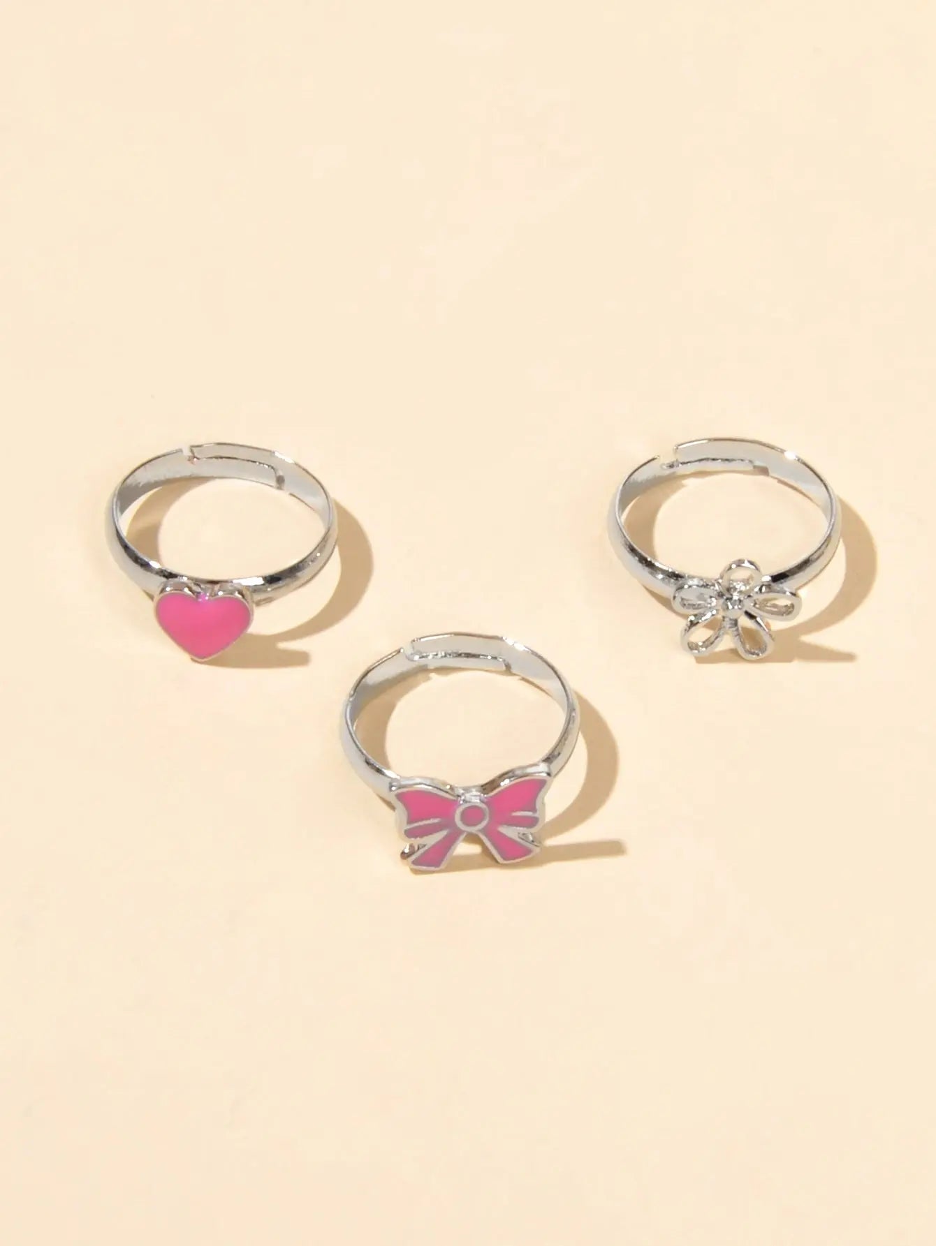 3 pcs Pink Heart Bowknot Trendy Silver Flower Multiple Cuff Finger Ring Set Gift Feelontop Jewellery