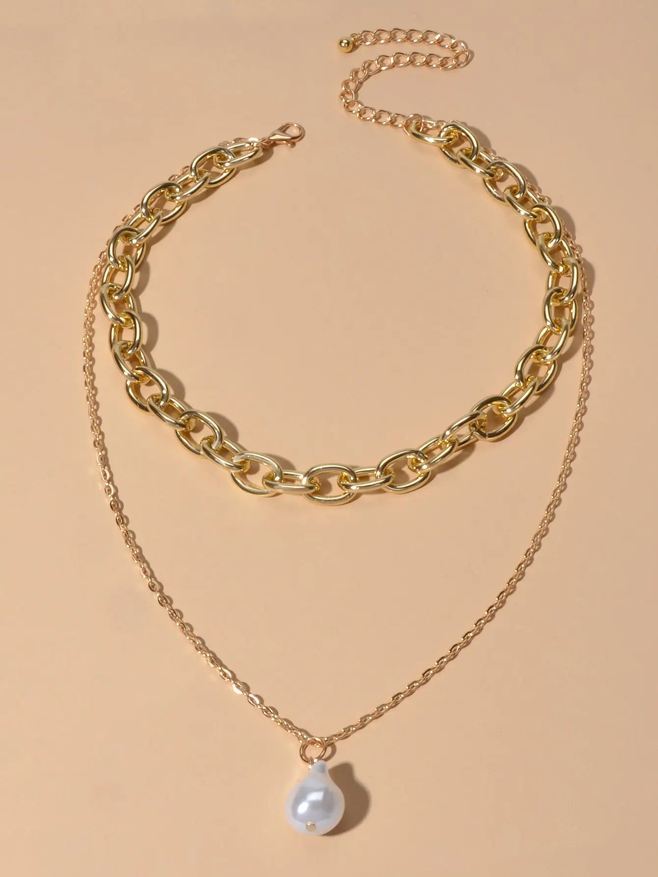 Double Layer Gold Chunky Chains Pearl Charm Women Necklace Good Quality Jewelry Feelontop Jewellery
