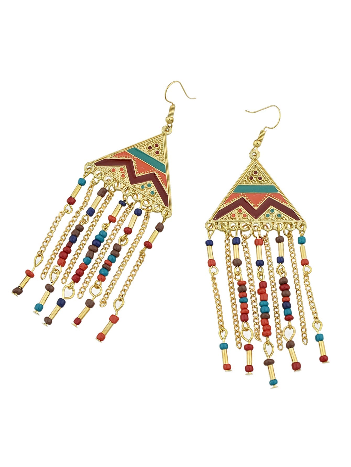 Triangle Colourful Enamel Beads Long Chain Tassel Ethnic Jewellery Boho Earrings Feelontop Jewellery