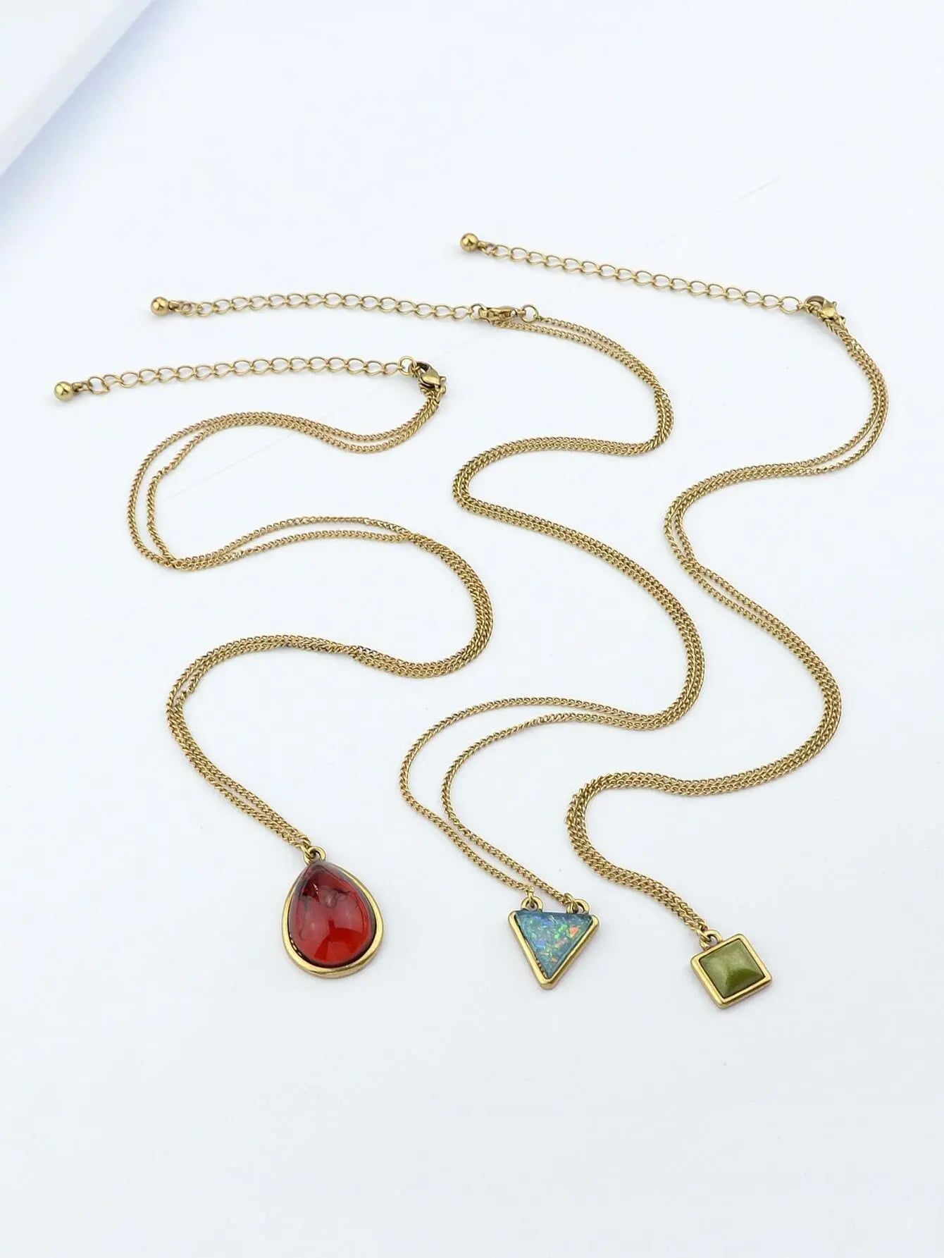 Bohemian Jewelry 3pcs Gold Chain Resin Square Triangle Water Drop Charm Necklace Feelontop Jewellery