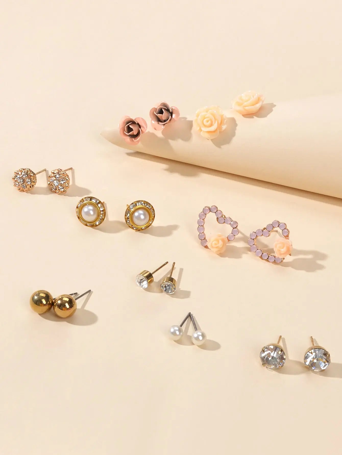 9 pairs Elegant Pearl Rhinestone Round Flower Mini Stud Piercing Earrings set Feelontop Jewellery