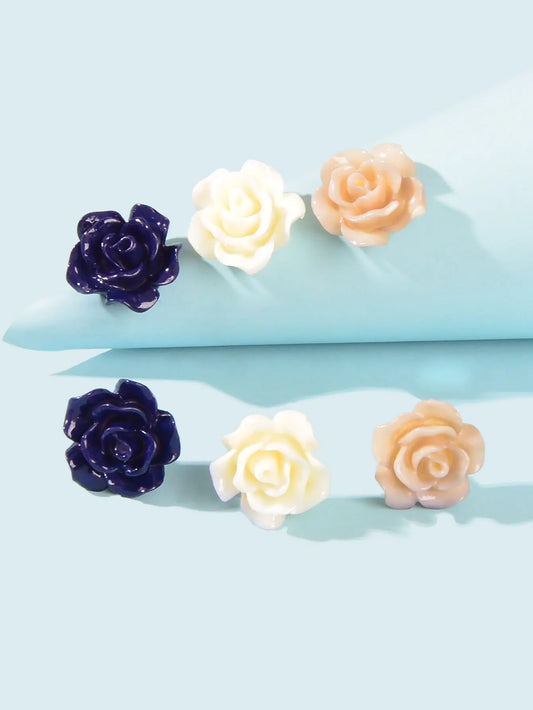 3pairs Colorful Resin Rose Flower Earrings Ear Stud Piercing Cartilage Jewellery Feelontop Jewellery