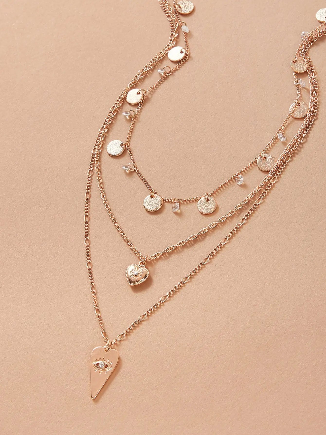 Stylish Triple-Layered Round Disc Heart Pendant Necklace Girls Unique Jewellery Feelontop Jewellery