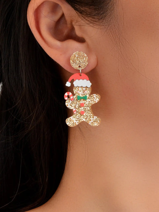 Christmas Gift Sparkling Acrylic Gingerbread Man with Candy Cane Dangle Earrings Feelontop Jewellery