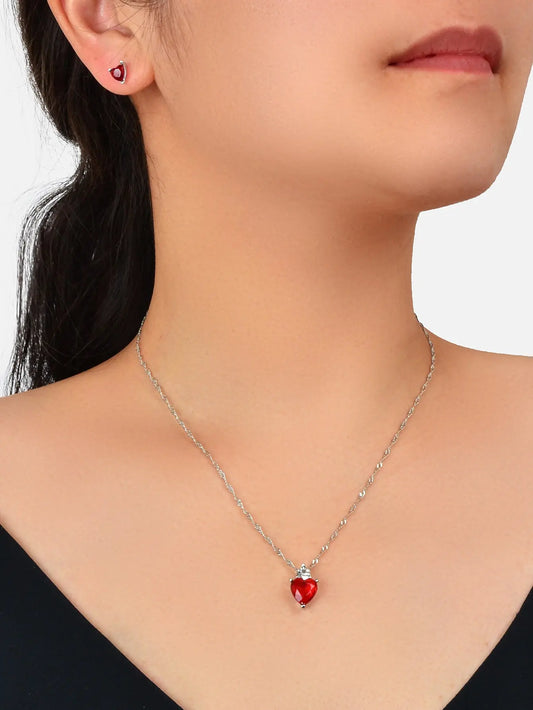 Valentine's Day Jewelry Set Gift Red Imitation Gemstone Heart Necklace Earrings Feelontop Jewellery