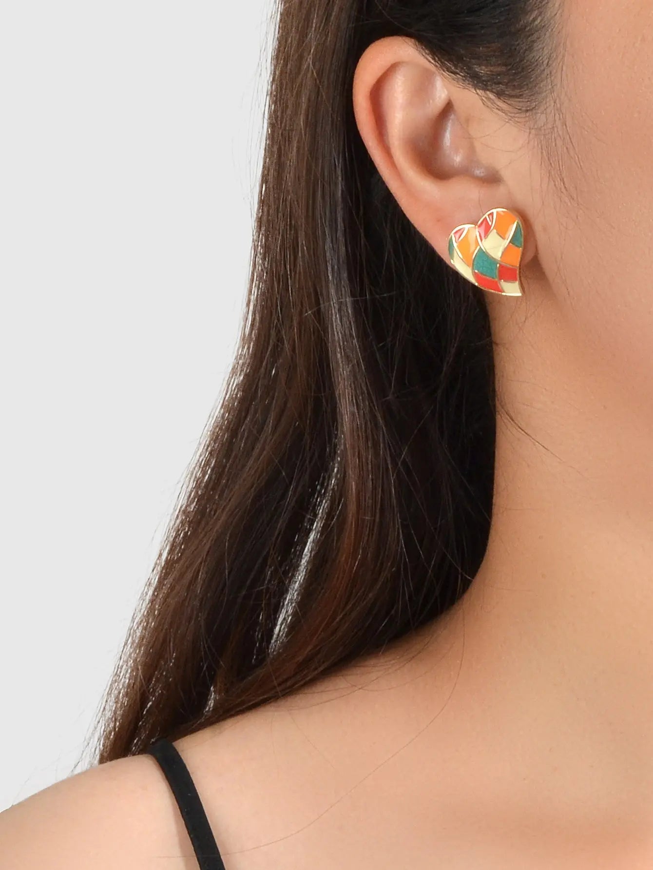 Candy Color Enamel Checkerboard Love Heart Stud Earrings Retro Trendy Accessory Feelontop Jewellery