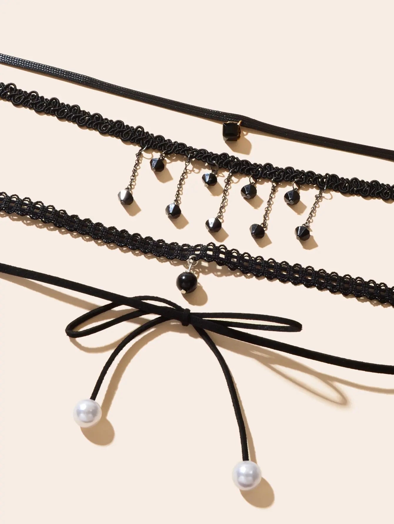 4 pcs Punk Vintage 90s Black Hollow Lace Bow Tassel Charm Tattoo Choker Necklace Feelontop Jewellery