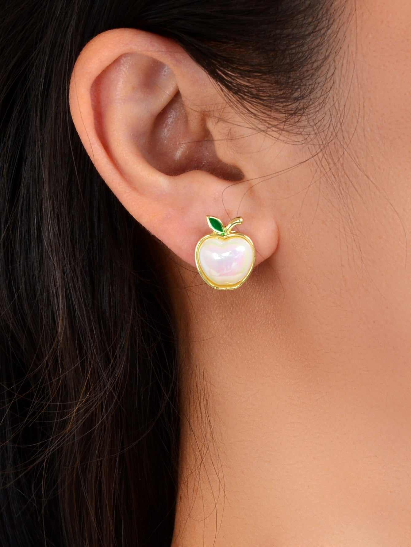 Exquisite Green Leaf White Pearl Apple Stud Earrings Women Anniversary Jewellery Feelontop Jewellery