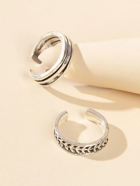 2 pcs Vintage Silver Teens Carved Leaf Multiple Stackable Open Cuff Toe Rings Feelontop Jewellery