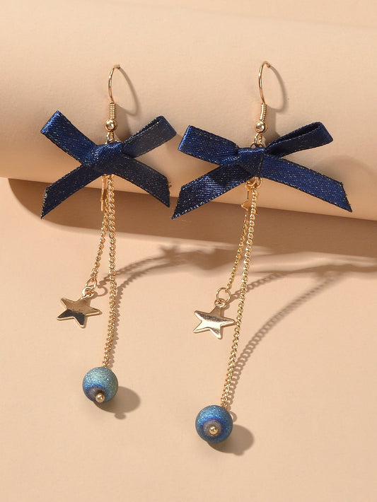 Sweet Design Blue Ribbon Bowknot Long Gold Chain Star Beads Pendant Earrings Feelontop Jewellery