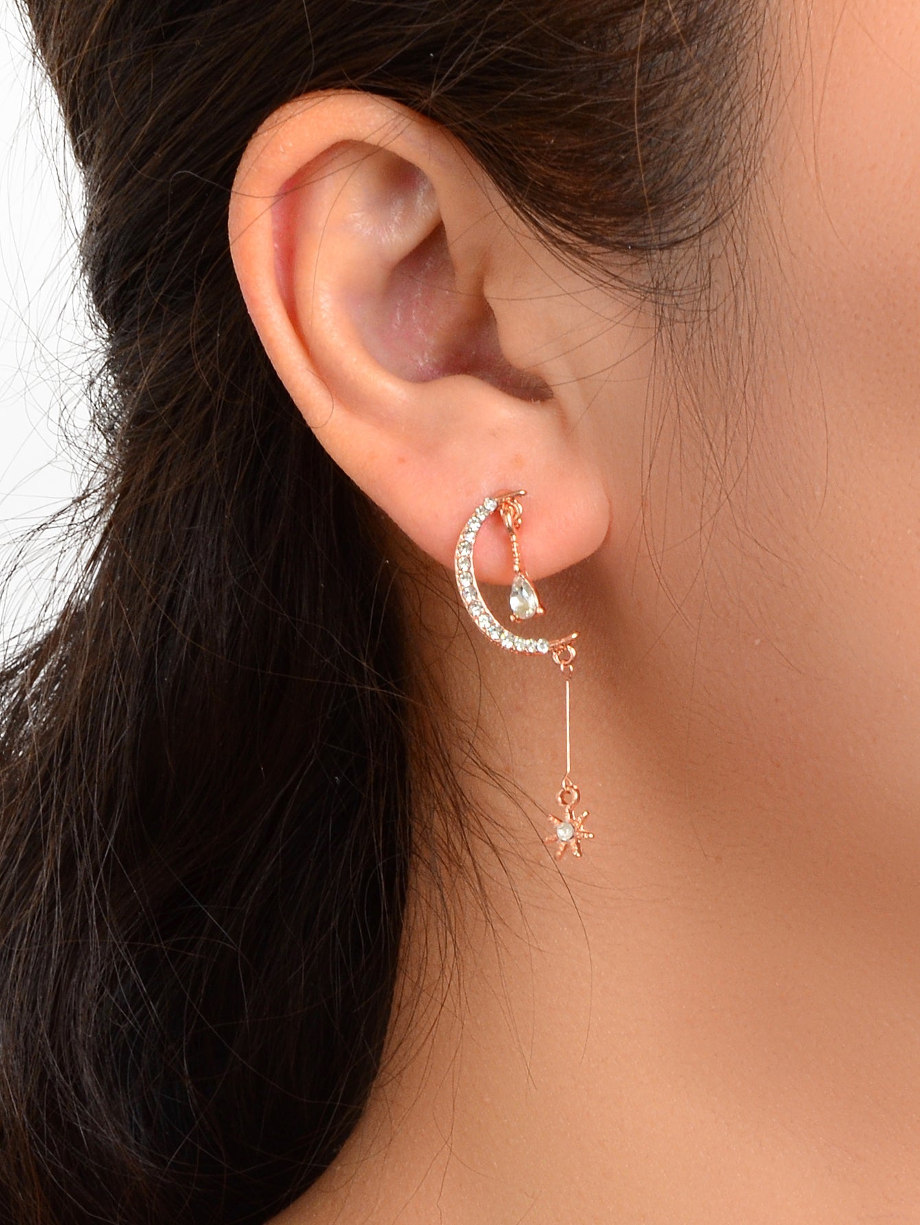 Wedding Rosegold Rhinestone Moon Dangle Drop Chandelier Teardrop Bridal Earrings Feelontop Jewellery