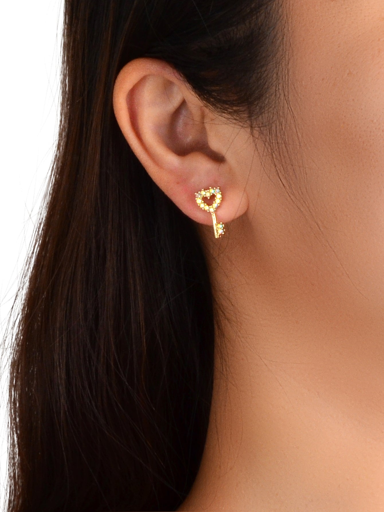 Asymmetrical Design Gold Plated Heart Key Lock Stud Earrings Women Dainty Gifts Feelontop Jewellery
