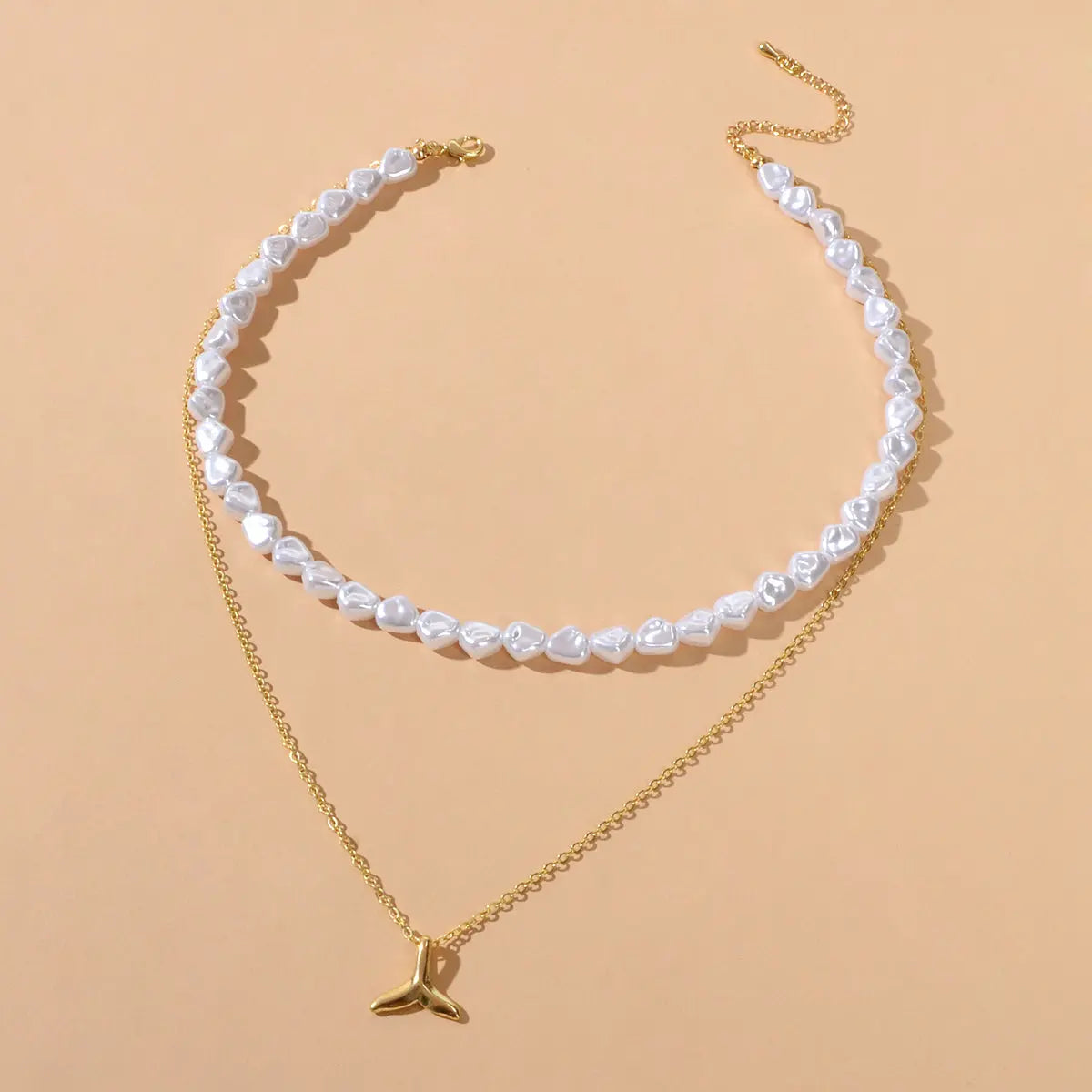Textured Accessories Double layer Chain Pearl Choker Fish Tail Pendant Necklace Feelontop Jewellery