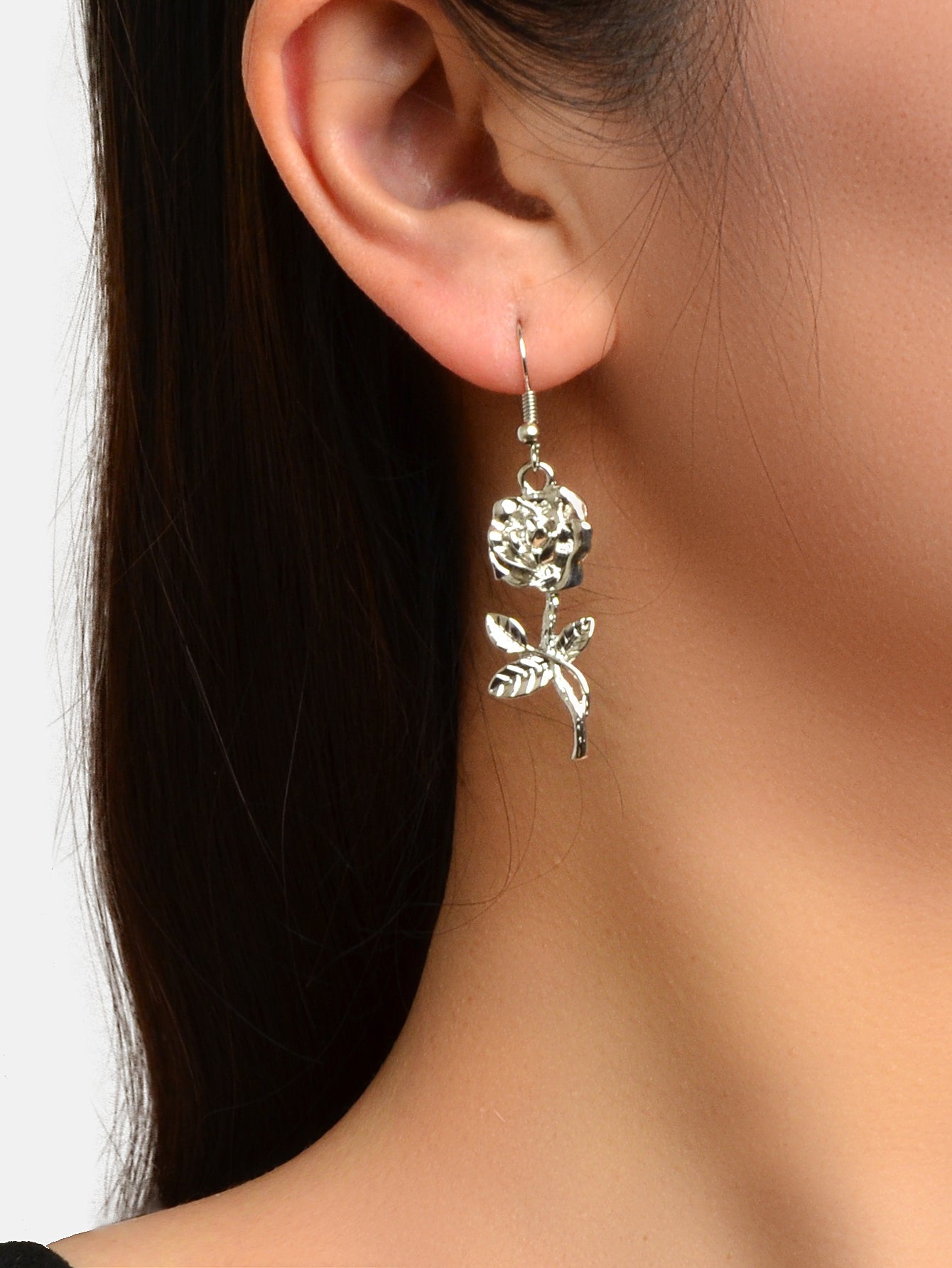 Party Decoration Women Silver Plated Flower Rose Carved Dangle Pendant Earrings Feelontop Jewellery