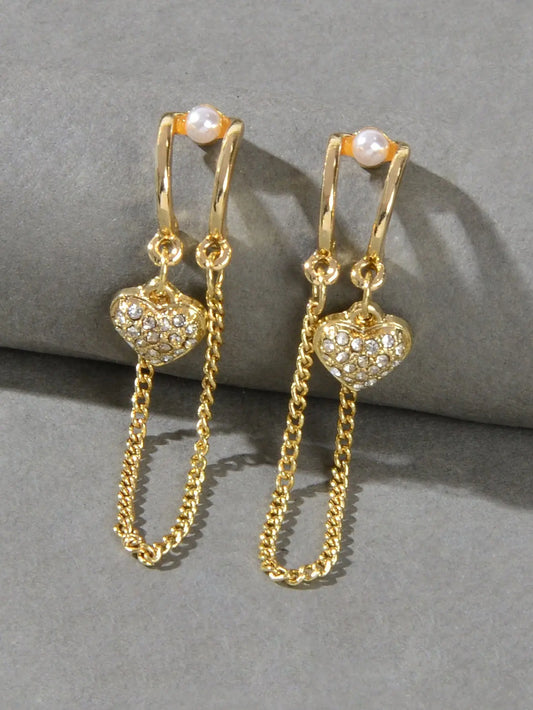 Unique Cubic Zirconia Hypoallergenic Gold Tassel Chain Heart Piercing Earrings Feelontop Jewellery