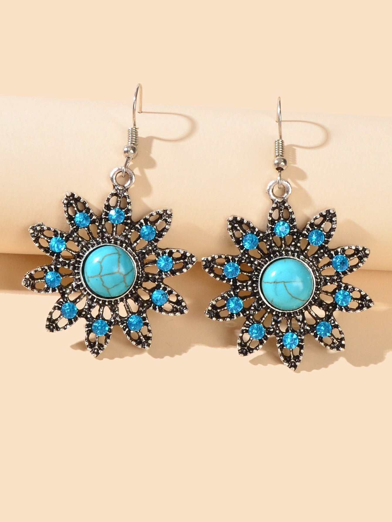 Vintage Jewelry Antique Silver Hollow out Blue Turquoise Flower Dangle Earrings Feelontop Jewellery