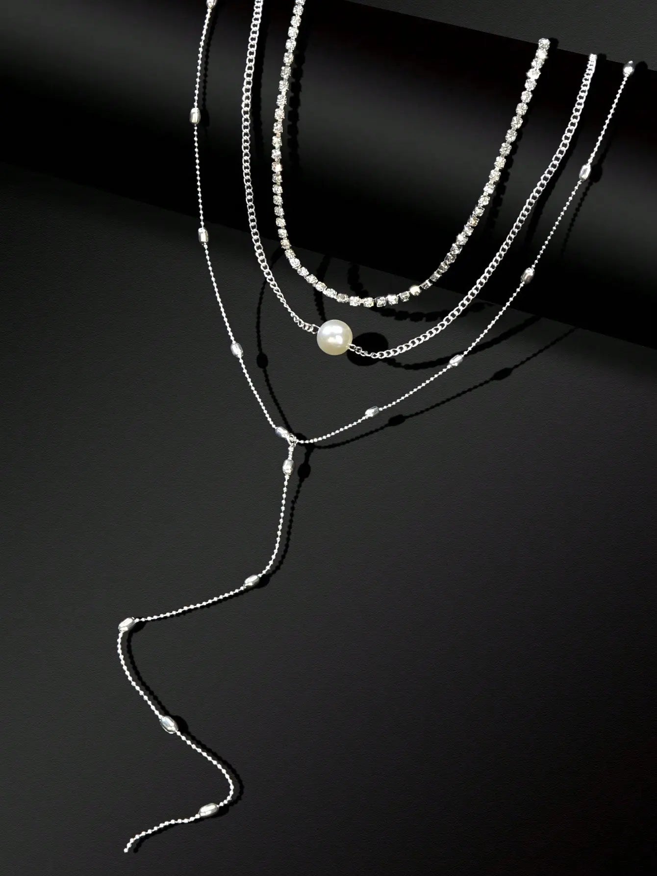 Silver Triple-Layer Chain Long Tassel Necklace Elegant Statement Piece Feelontop Jewellery