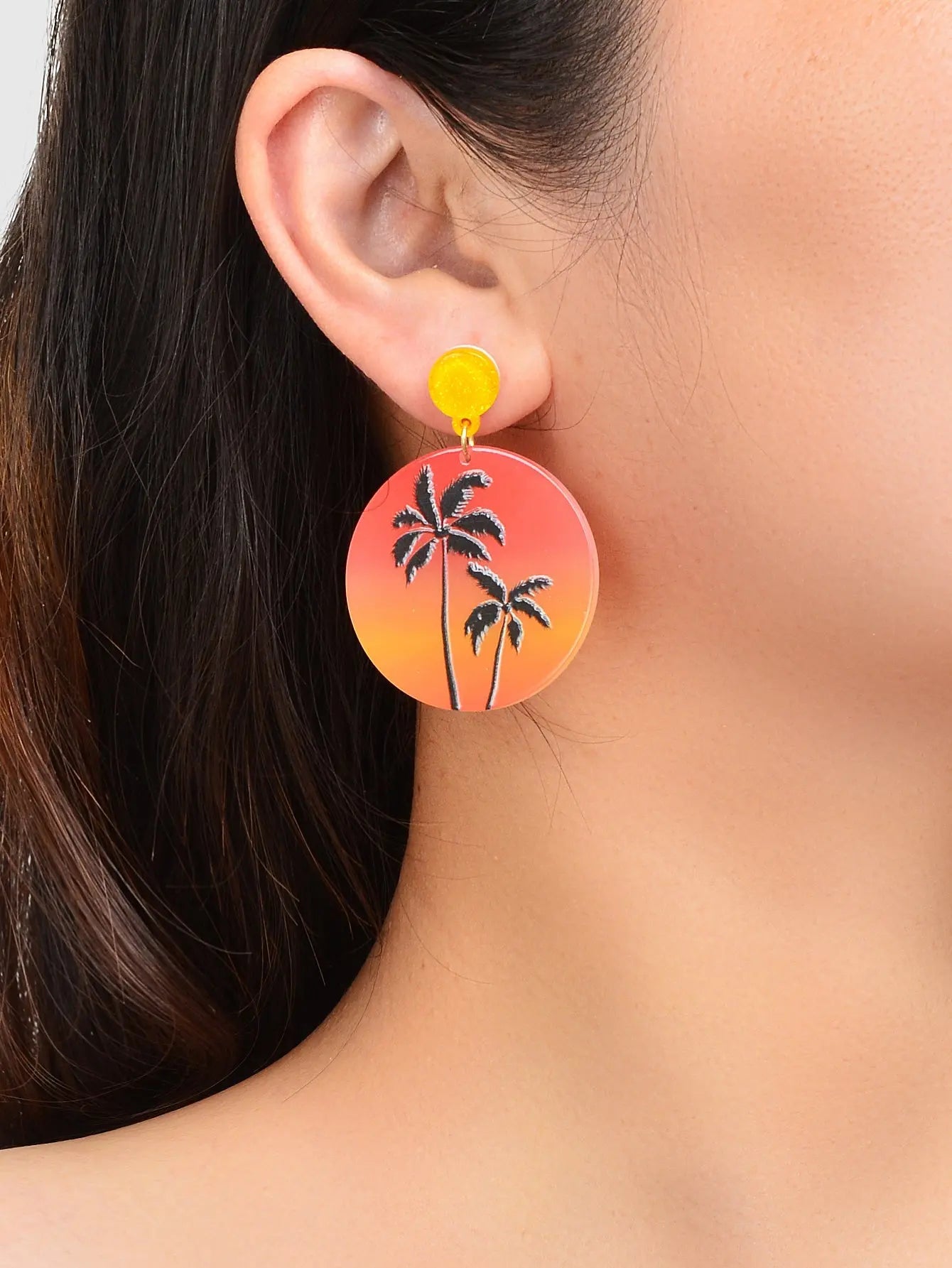 Boho Chic Coconut Tree Pattern Round Orange Acrylic Dangle Earrings for Holiday Feelontop Jewellery