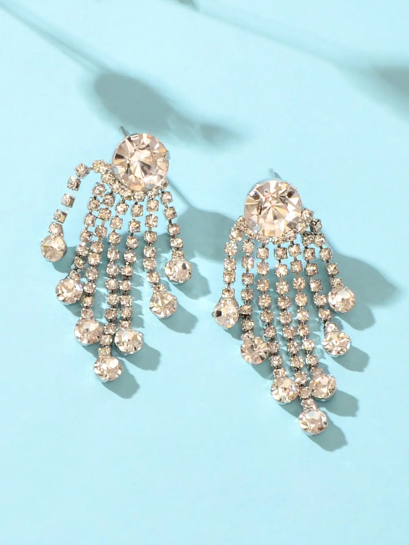 Shiny Bridal Cubic Zirconia Tassel Silver Chain Chandelier Charm Fringe Earrings Feelontop Jewellery