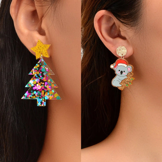 2 pairs Christmas Festival Jewelry Sequin Decor Acrylic Tree Koala Earrings set Feelontop Jewellery