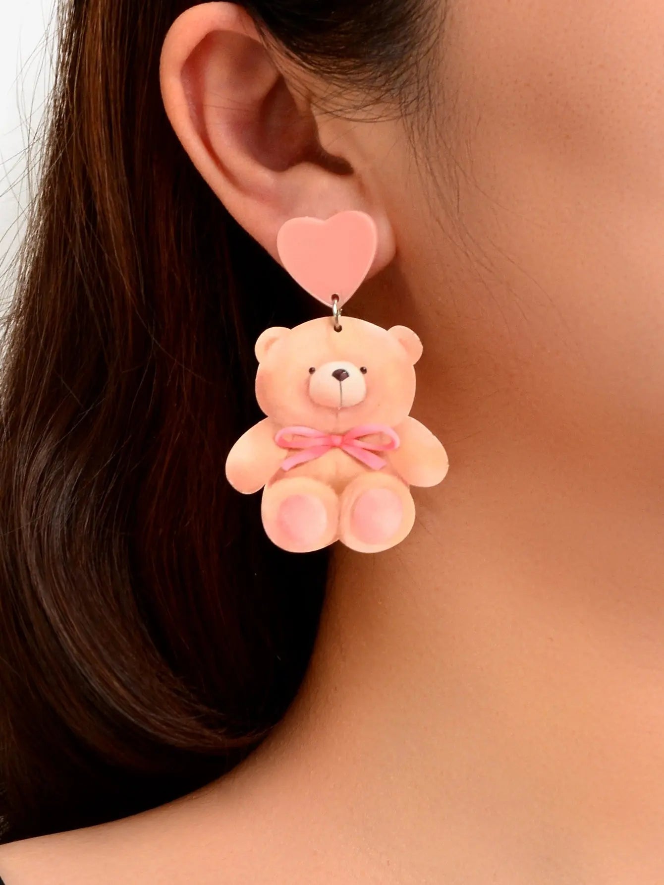 Super Sweet Pink Heart Bowknot Bear Acrylic Dangle Stud Earrings Birthday Gift Feelontop Jewellery