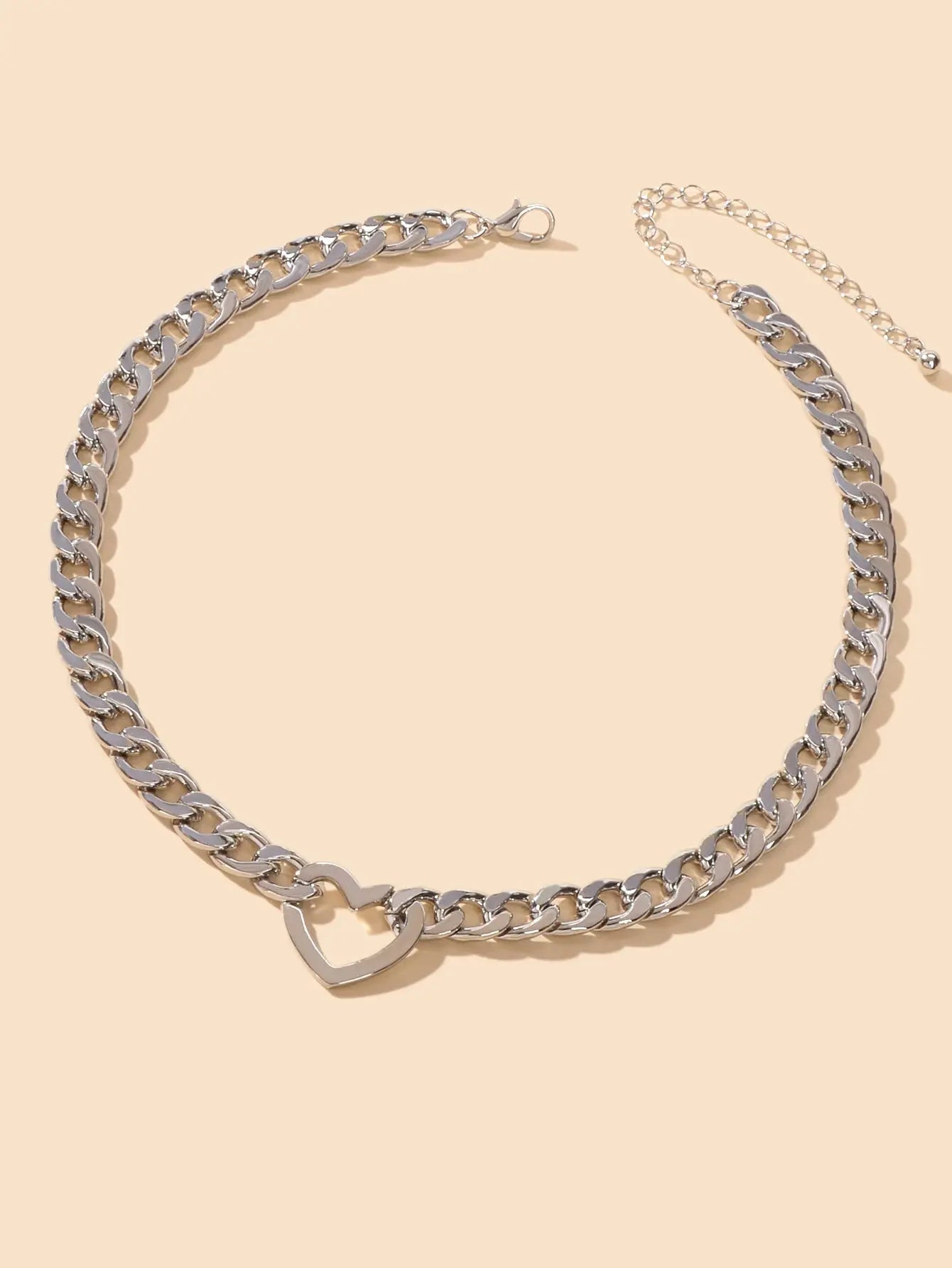 Fashion Punk Choker Crude Silver Link Chain Heart Charm Collar Clavicle Necklace Feelontop Jewellery