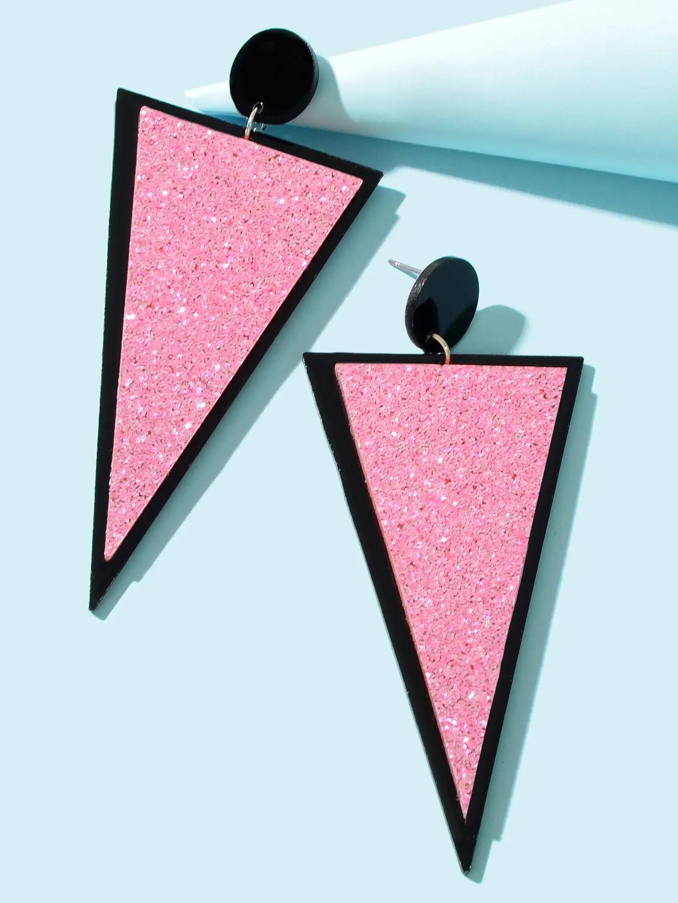 Shining Pink Sequin Decor Acrylic Triangle Geometric Dangle Earrings for Party Feelontop Jewellery