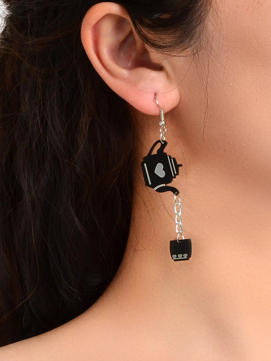 Heart Pattern Black Resin Teapot Cup Dangle Punk Hip Hop Earrings Teens Jewelry Feelontop Jewellery