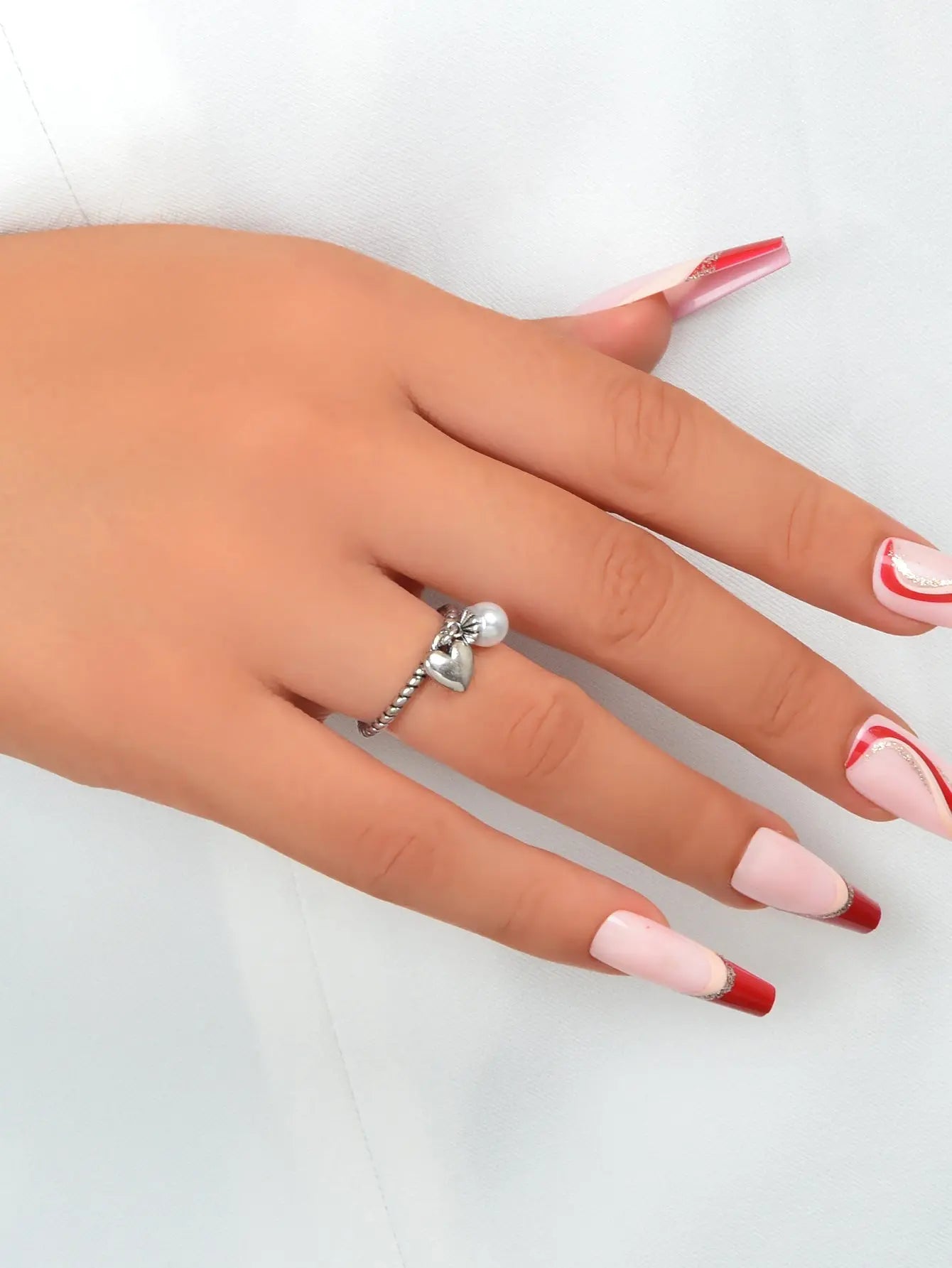 Vintage Silver Statement Antique Pearl Heart Charm Open Cuff Ring Women's Band Feelontop Jewellery