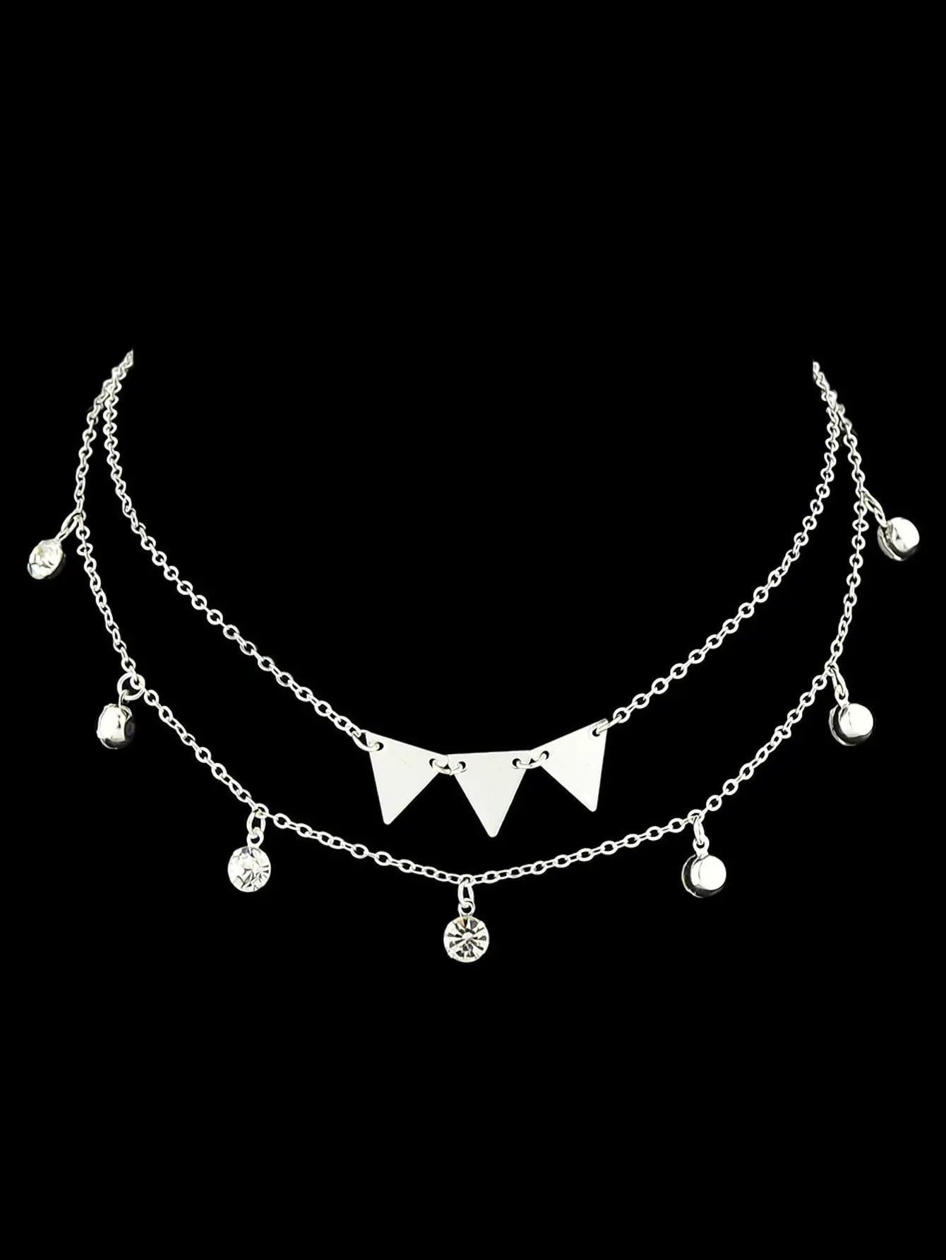 Trendy Jewellery Double layer Silver Chain Rhinestone Triangle Pendant Necklace Feelontop Jewellery