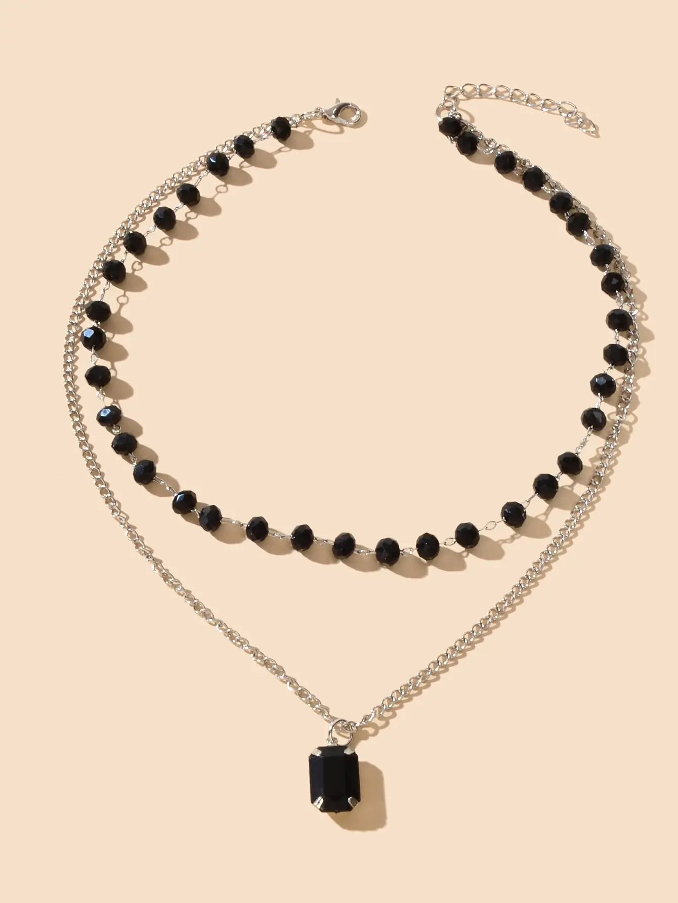 Silver Link Chain Black Beads Layering Personalized Square Charm Necklace Gift Feelontop Jewellery