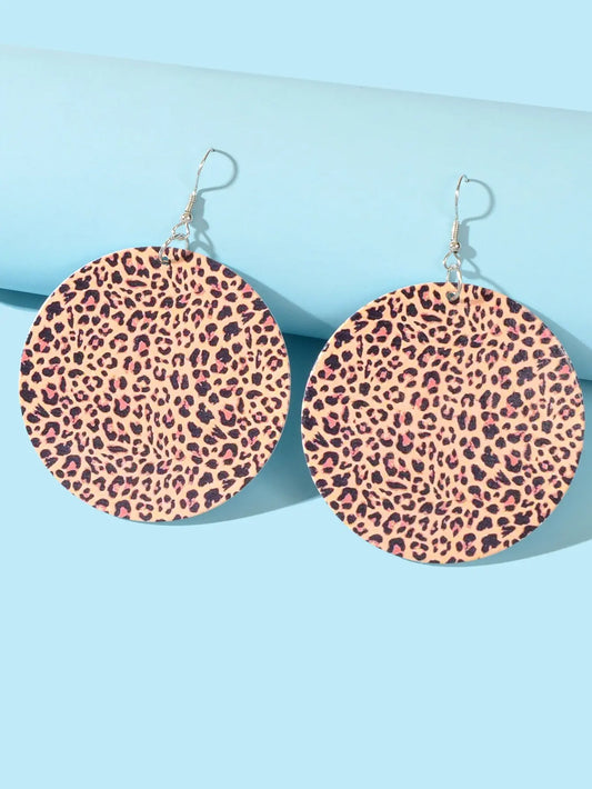 Personality Leopard Pattern Round Wood Big Dangle Earrings Girl Party Decoration Feelontop Jewellery