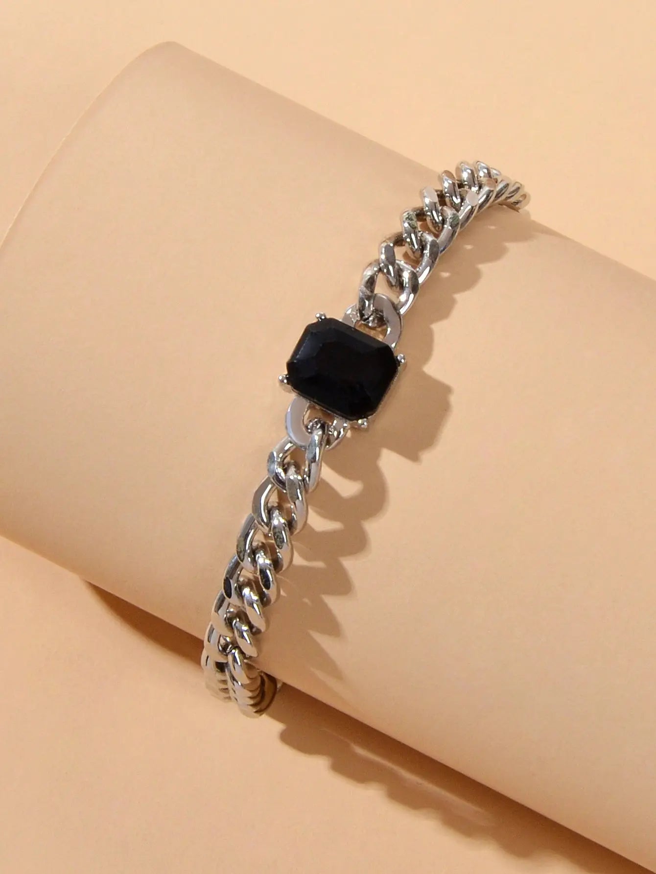 Cool Women Accessories Black Acrylic Crude Silver Metal Link Chain Bracelet Gift Feelontop Jewellery