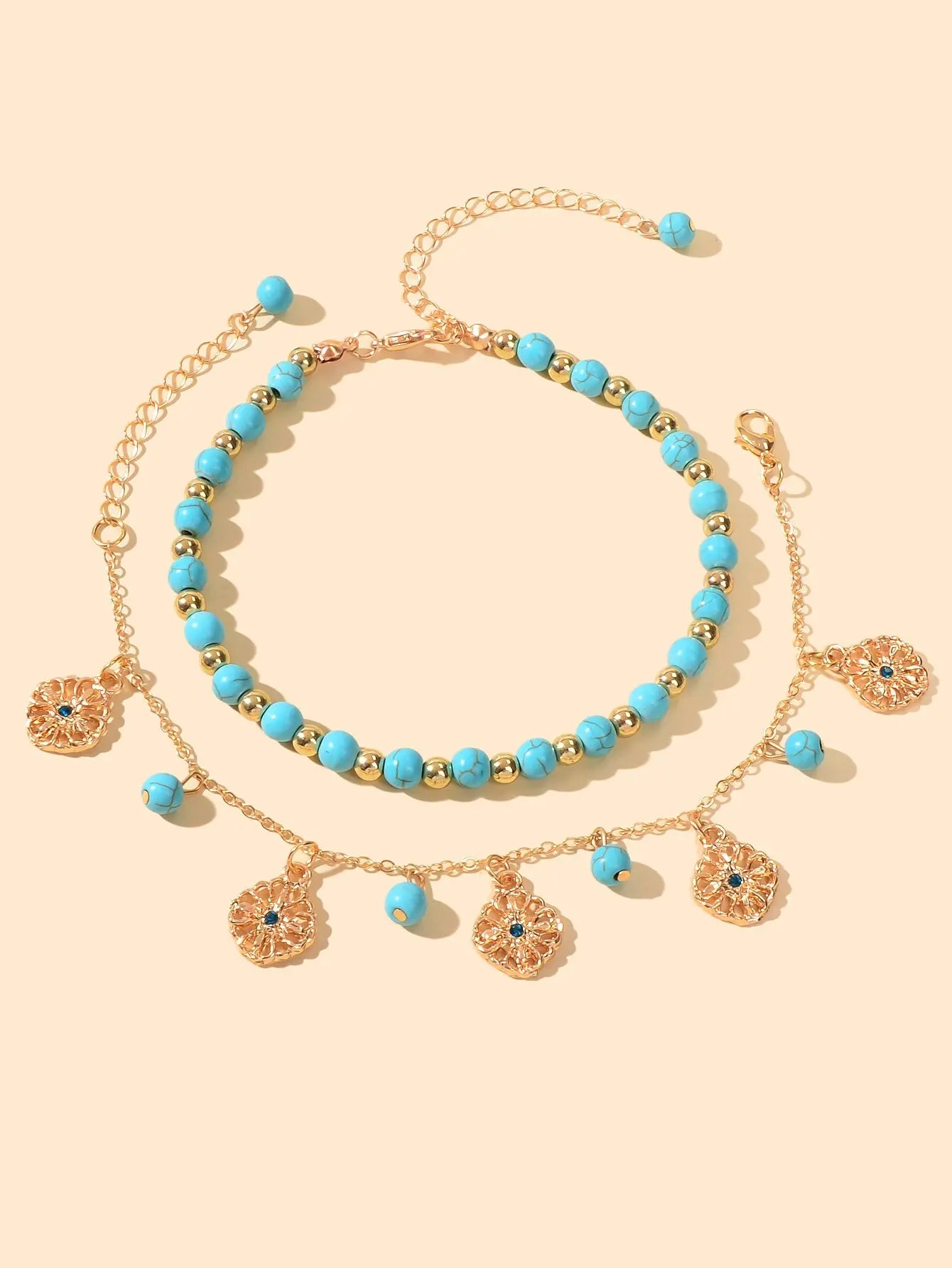 2pcs Handmade Turquoise Beads Anklets Boho Round Charm Bracelets Foot Anklet Set Feelontop Jewellery
