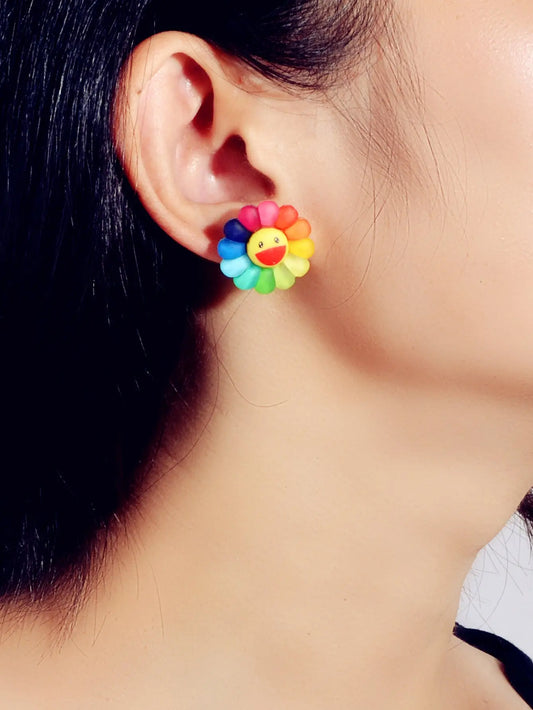 Cute Colourful Flower Acrylic Smile Face Stud Earrings Girlfriend Lover Y2k Gift Feelontop Jewellery