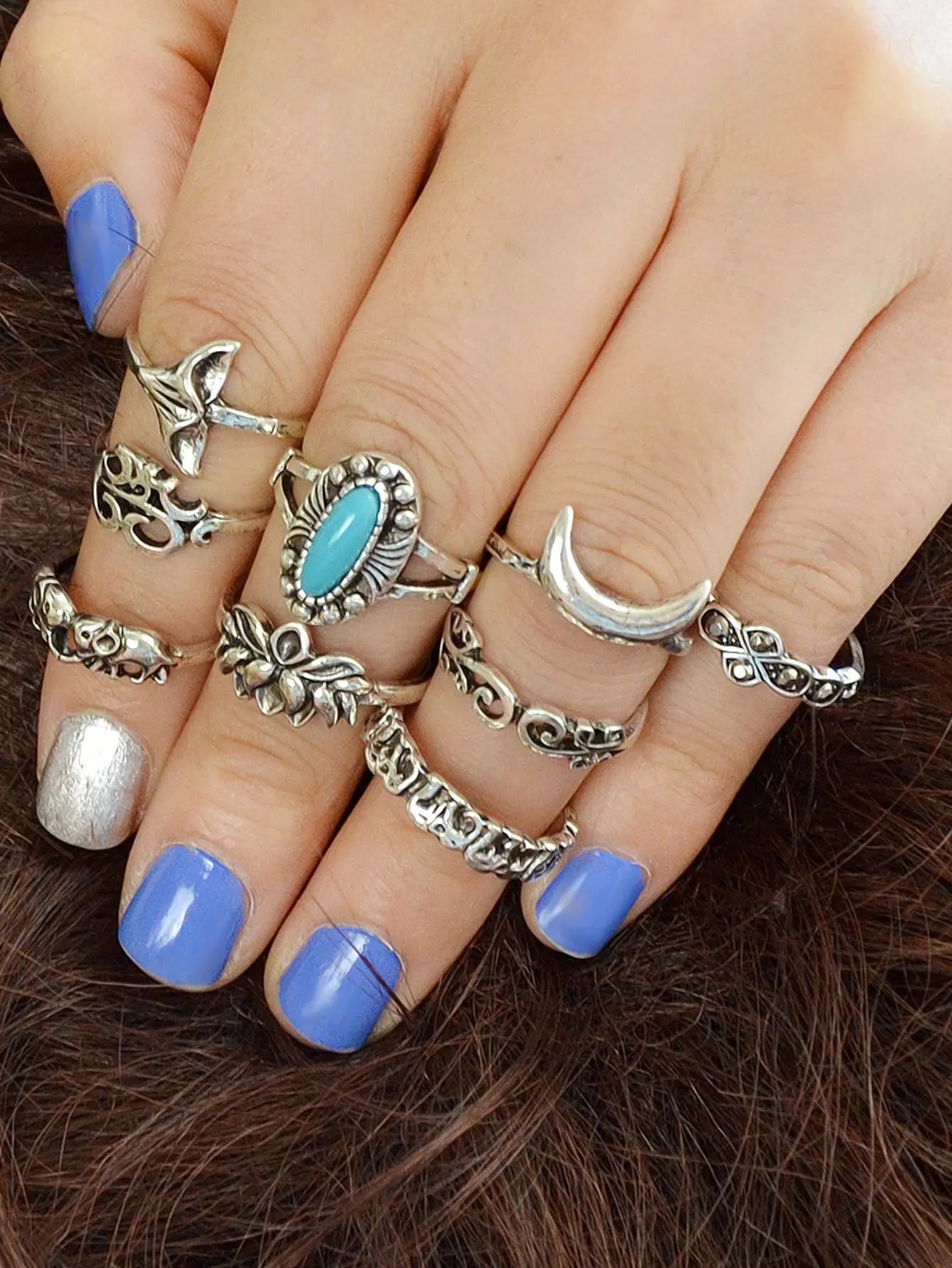 Stackable 9pcs Tribal Ethnic Lotus Elephant Moon Flower Multiple Bulk Rings set Feelontop Jewellery