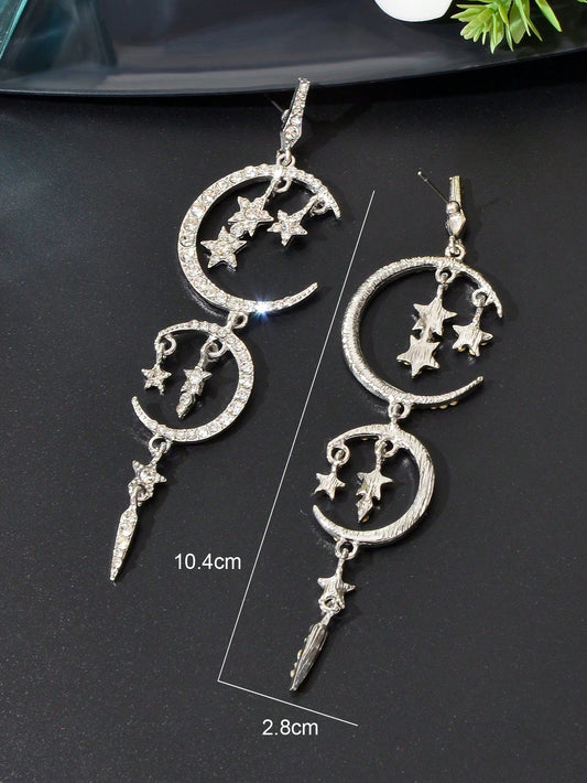 Starry Nights Long Earrings with Multiple Star Moon Pendants Celestial Glamour Feelontop Jewellery